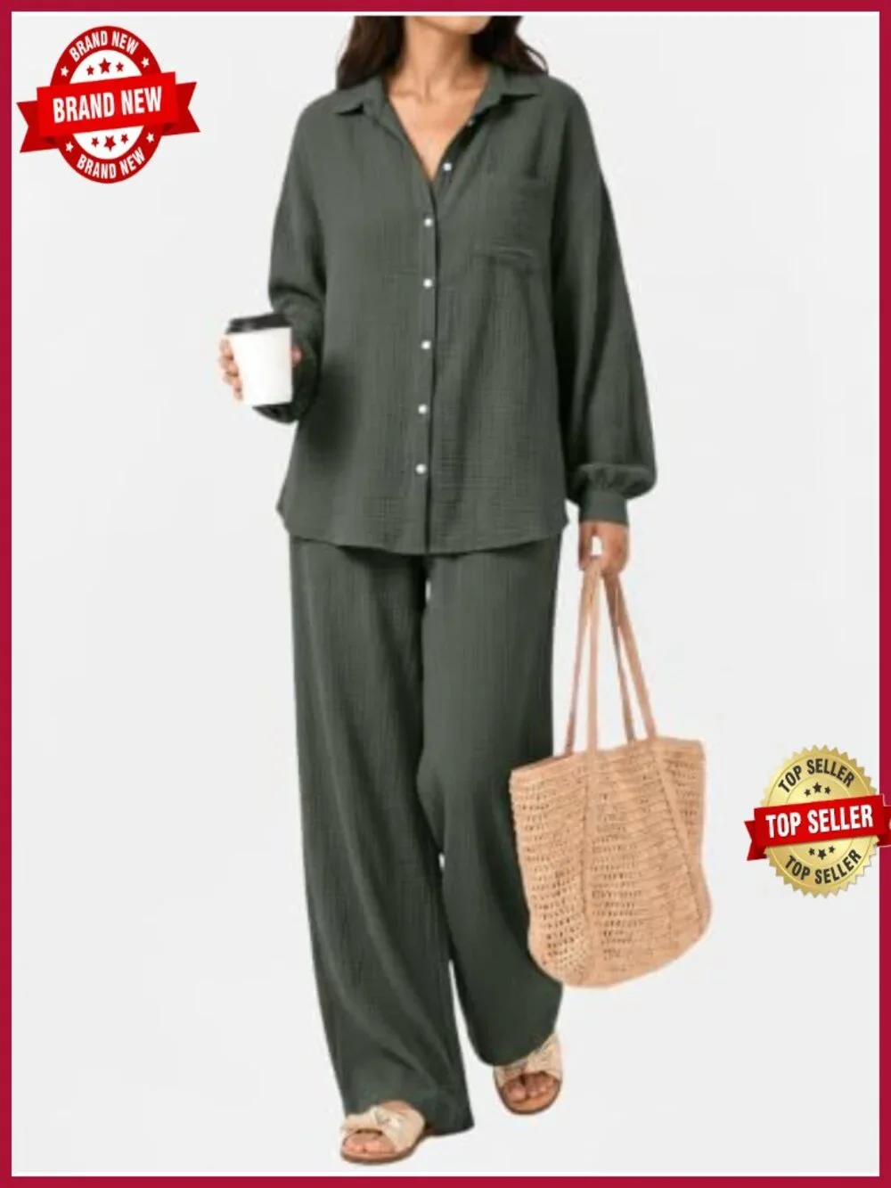 2 Piece Linen-feel Cotton Lounge Set Oversized Wide Leg Pants Pocket Travel